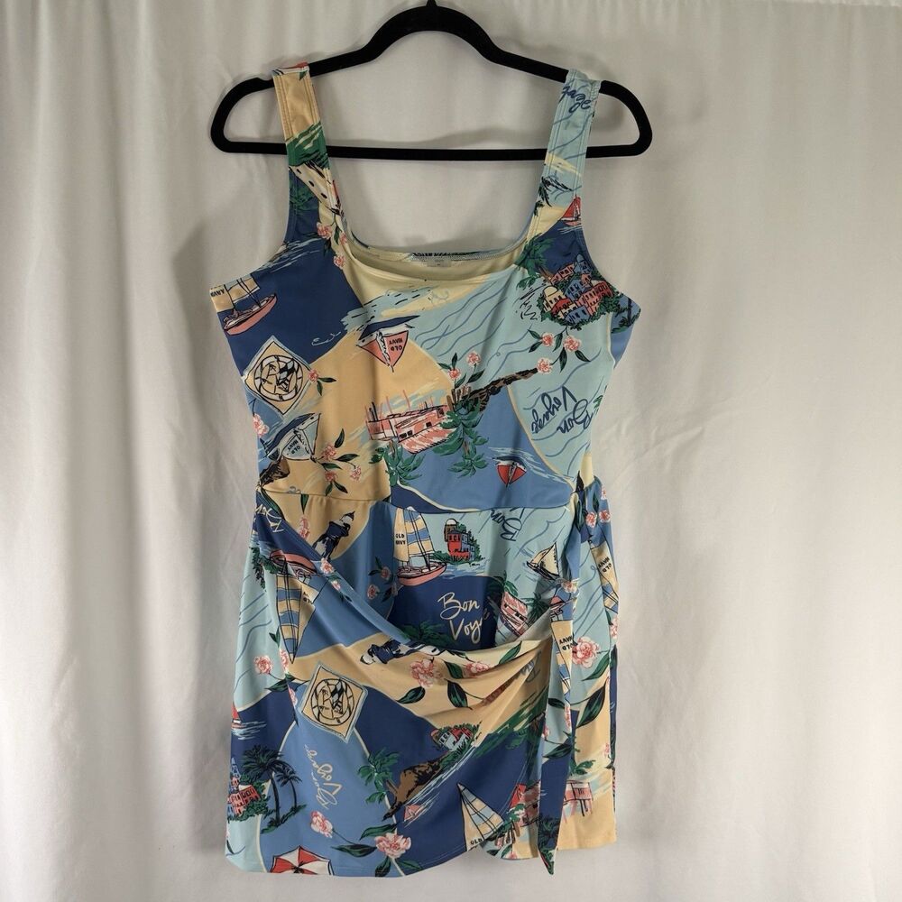 Old Navy Swim Dress Women's XL Blue Beach Print One Piece Wrap Front Padded - Picture 1 of 10